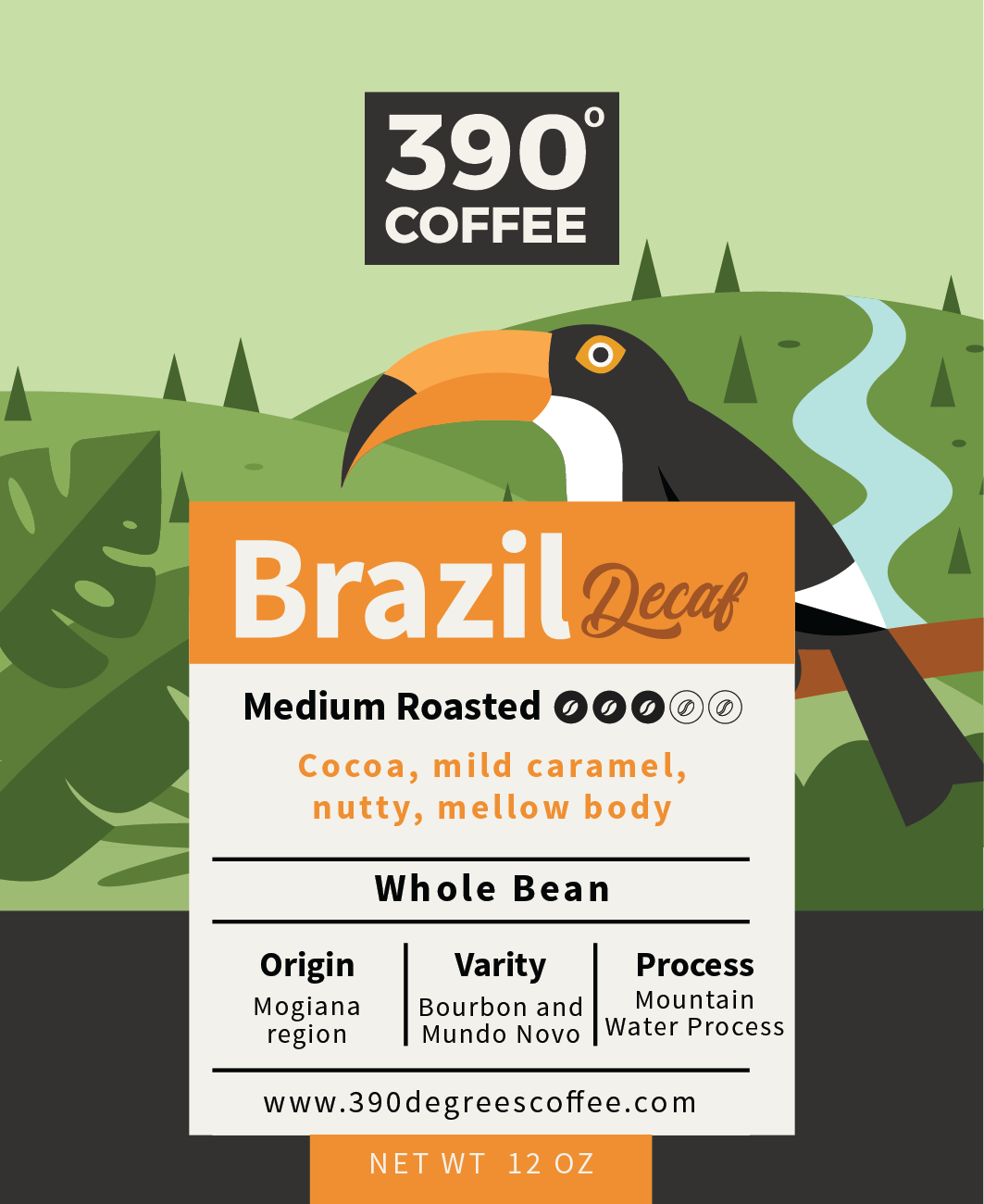 Brazil  Decaf - Medium, Single Origin - 12 oz